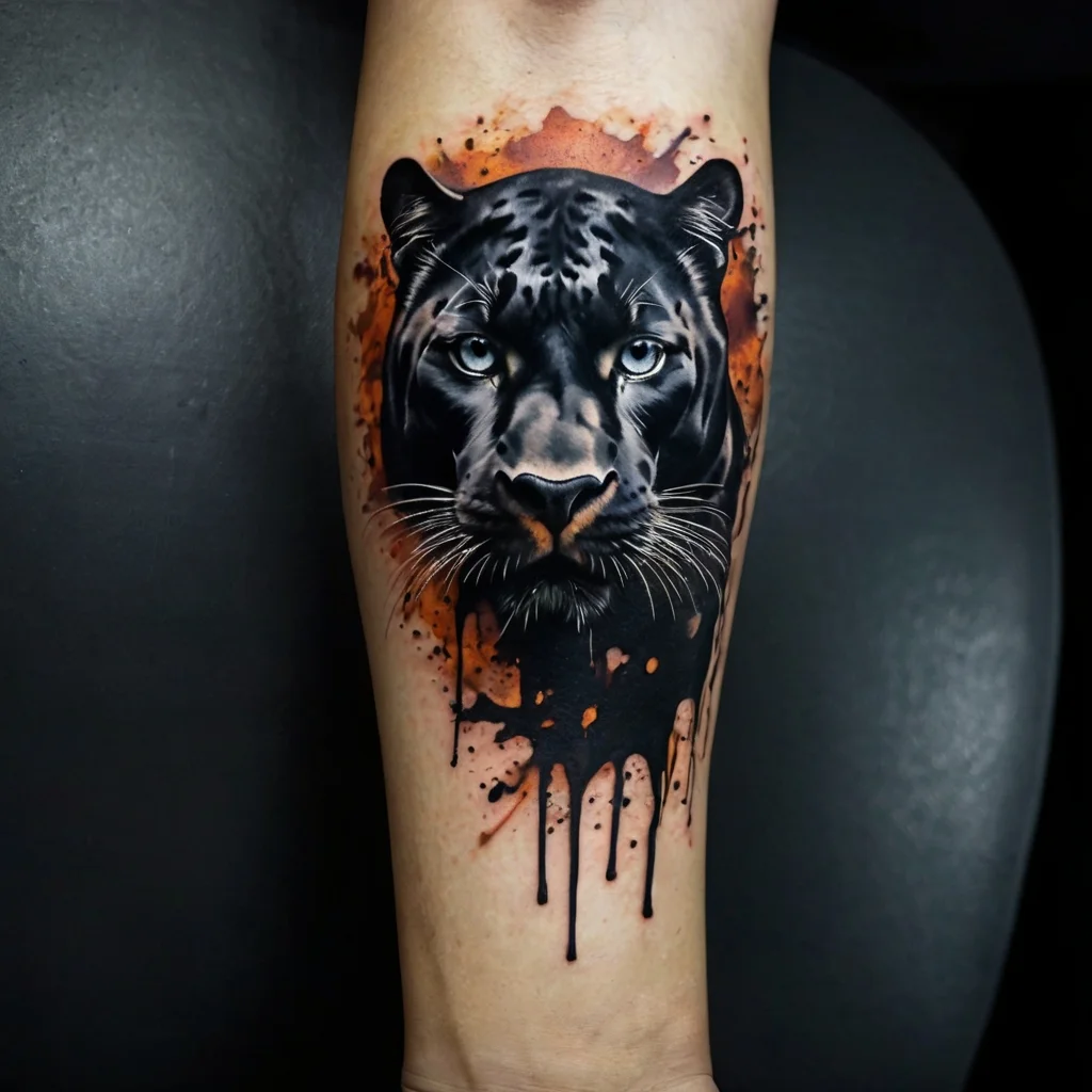 Realistic black panther tattoo with blue eyes, set against an orange backdrop with splattered and dripping ink effect.