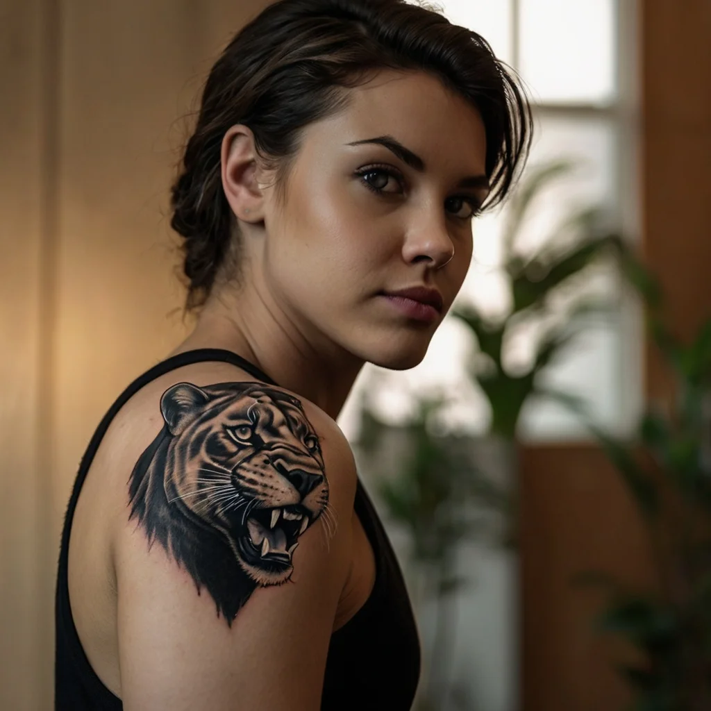 Tattoo of a realistic roaring tiger in black and gray ink, detailed lines highlight the fierce expression on the shoulder.