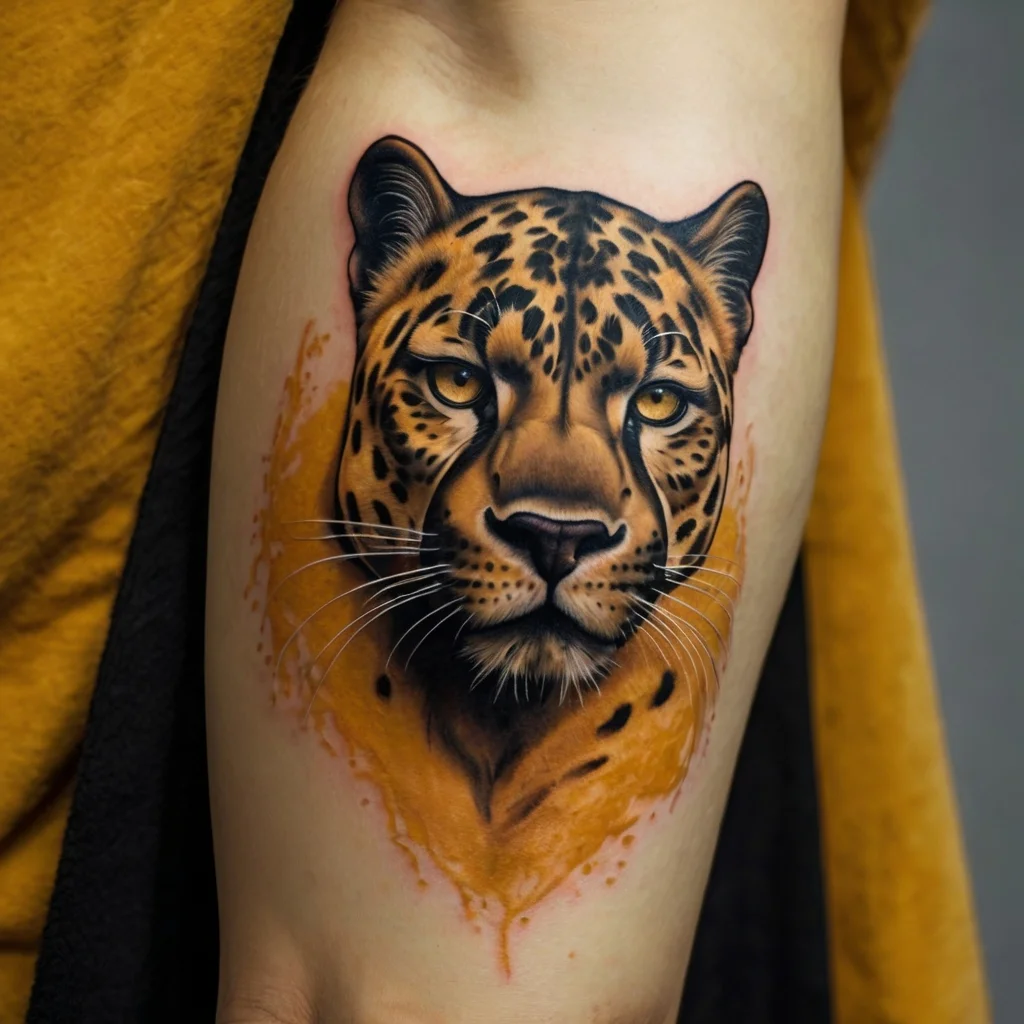 Realistic leopard head tattoo with detailed fur and striking eyes, set against an abstract orange splash background.