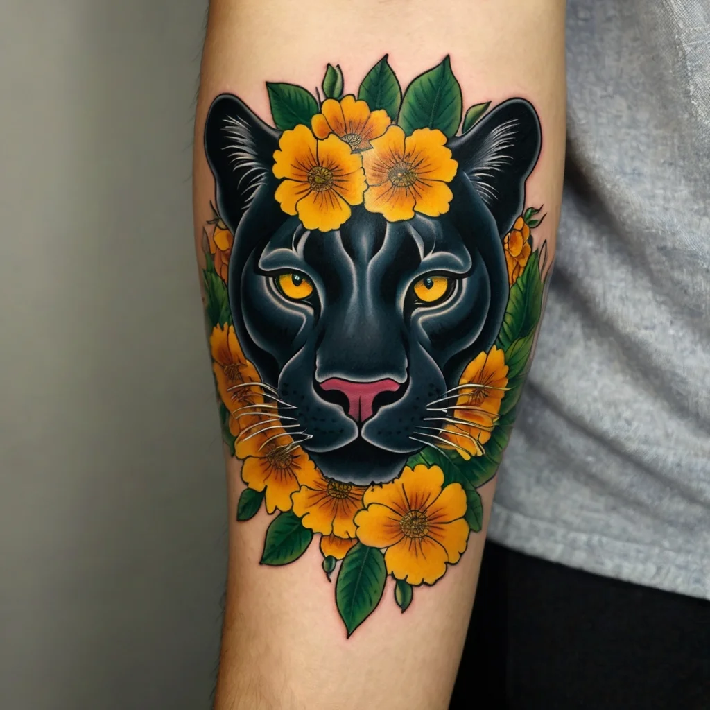 Black panther with piercing yellow eyes, surrounded by vivid yellow flowers and green leaves on an arm tattoo.