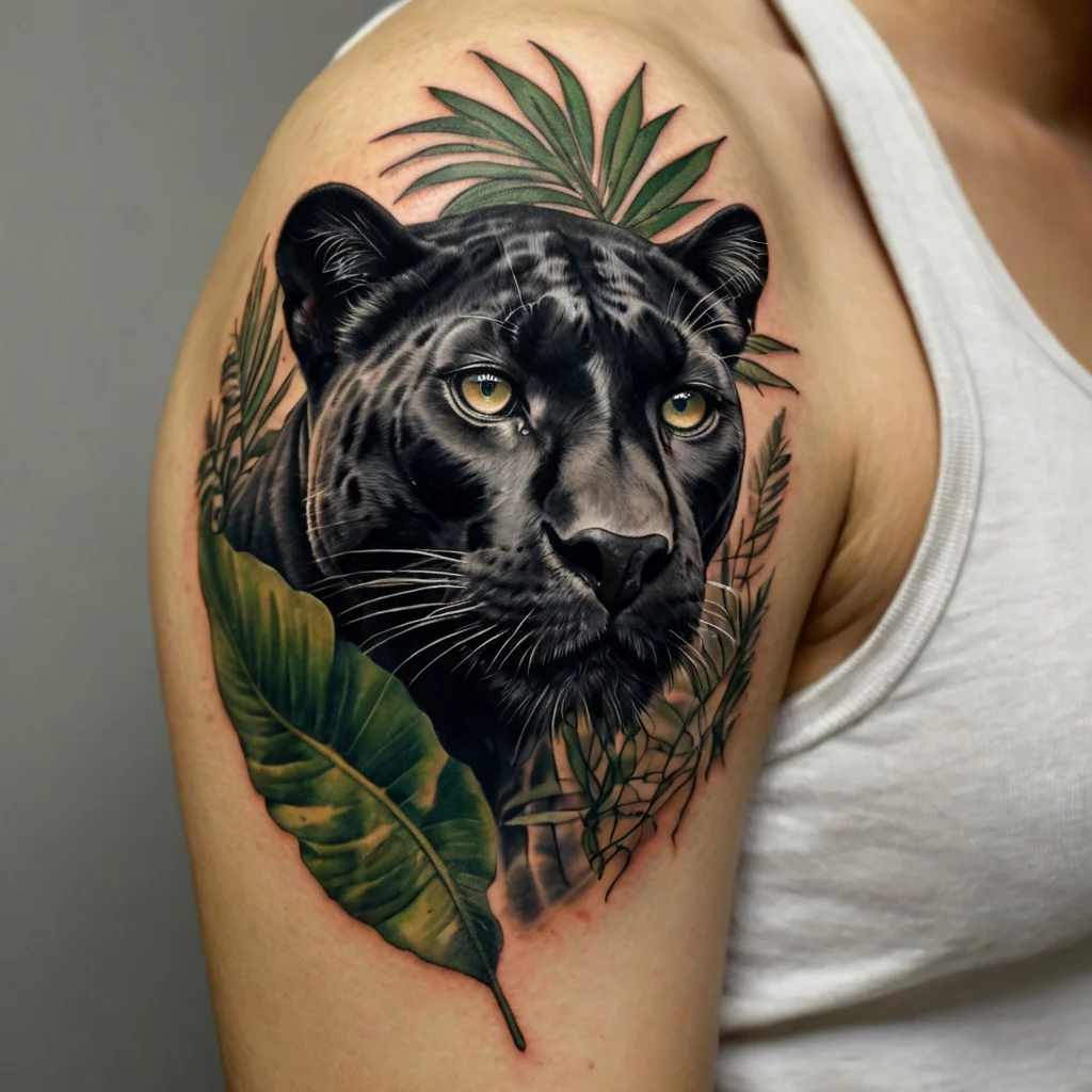 Realistic black panther tattoo on upper arm, surrounded by lush green leaves and detailed botanical elements.