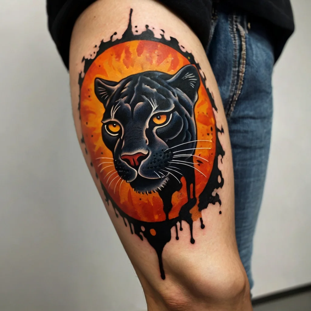 Tattoo of a fierce black panther head with intense amber eyes, surrounded by a fiery orange and black splatter background.