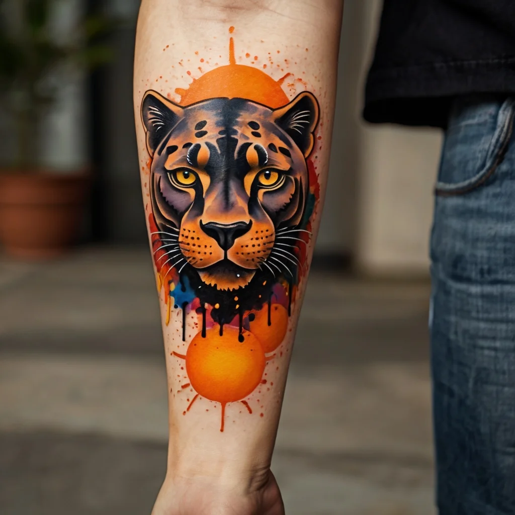 Tattoo of a realistic leopard head with vibrant orange and black hues, accented by abstract splashes and circles.