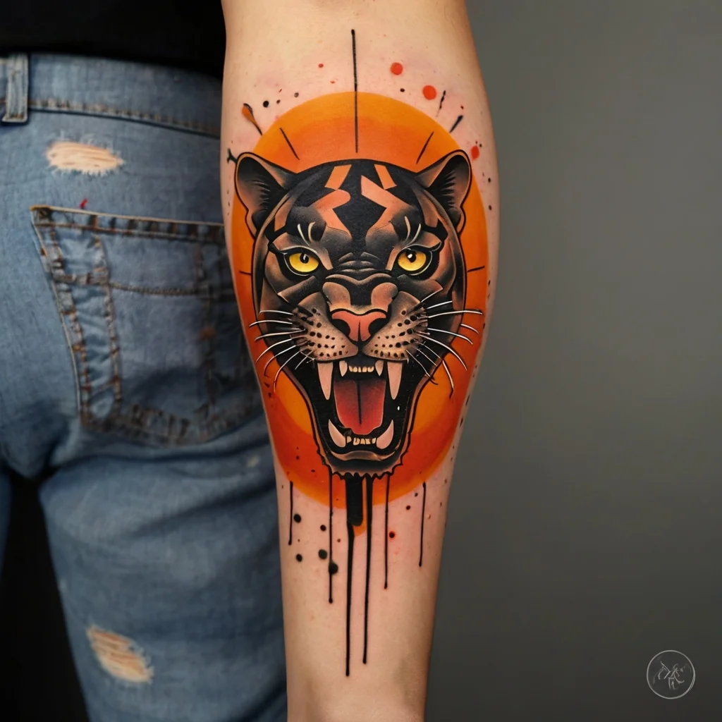 Bold panther head tattoo with fierce expression, set against an orange background with black dripping accents.