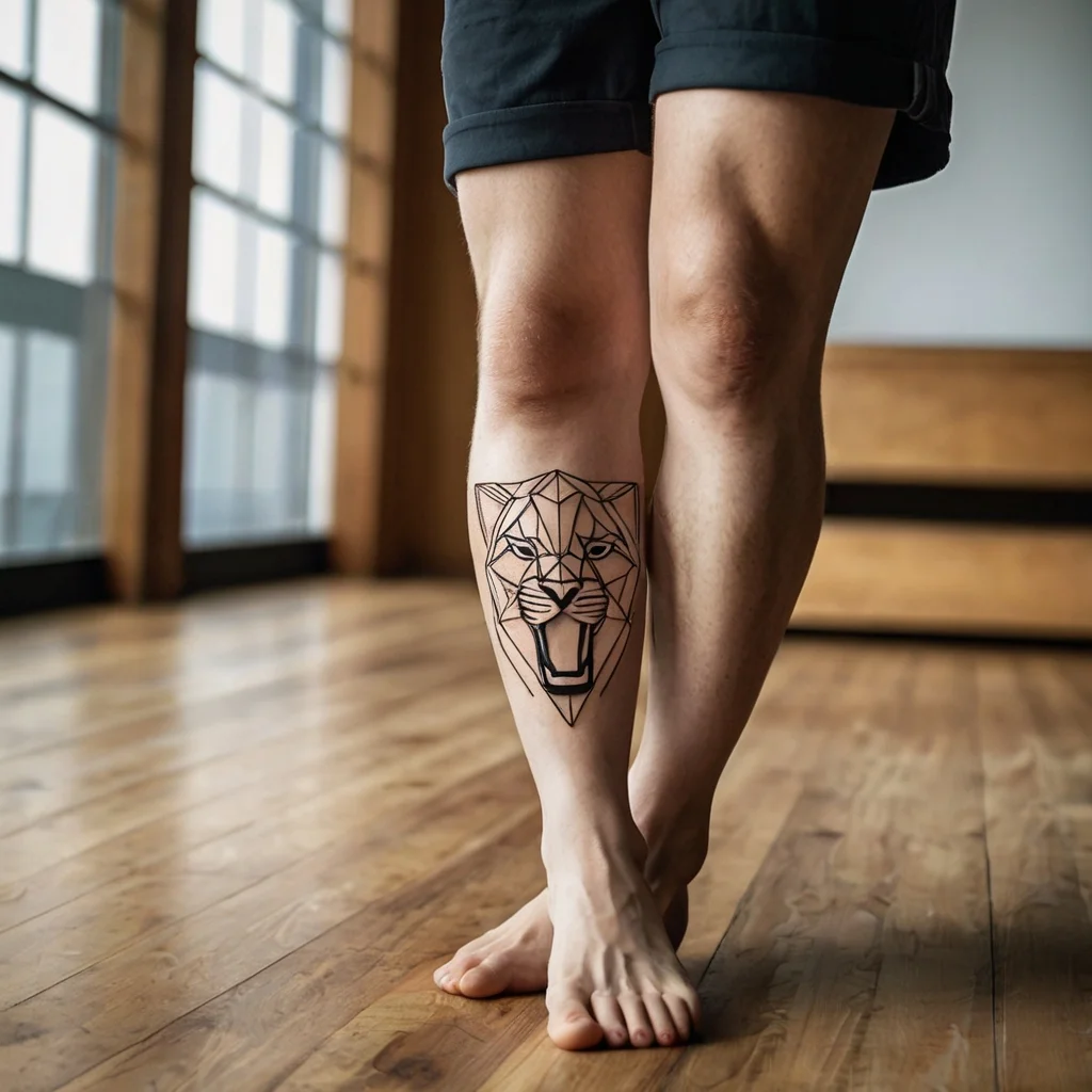 Geometric lion tattoo on calf, featuring sharp lines and angular shapes for a bold, modern look.