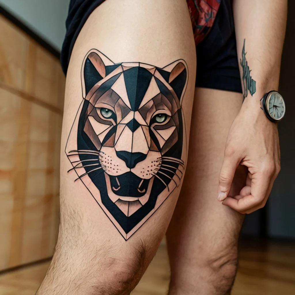 Geometric tiger face tattoo on thigh, featuring angular shapes and bold black outlines for a striking modern look.