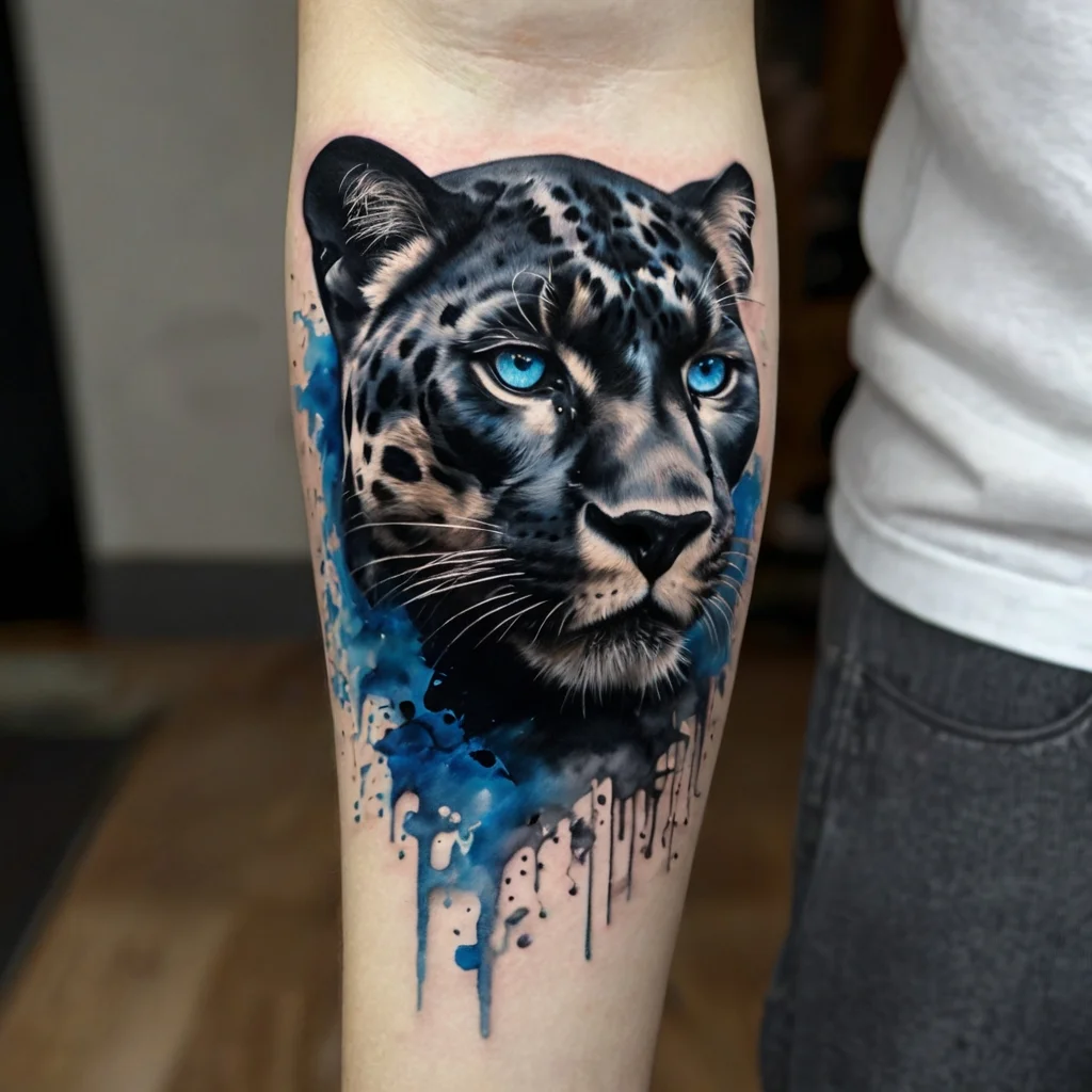 Realistic leopard tattoo with piercing blue eyes and watercolor splashes, blending a bold, artistic style on the forearm.