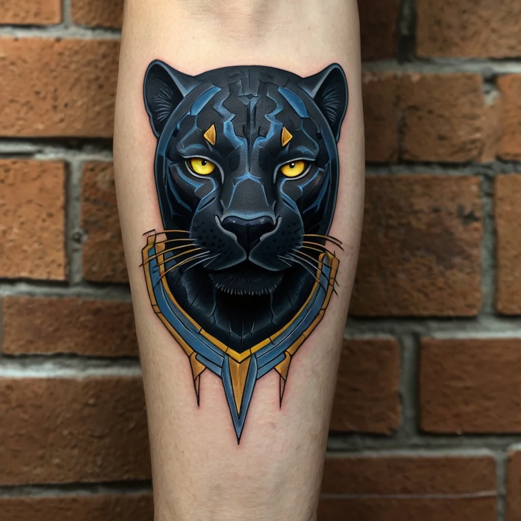 Tattoo of a stylized black panther head with piercing yellow eyes and geometric shapes, embodying strength and mystique.