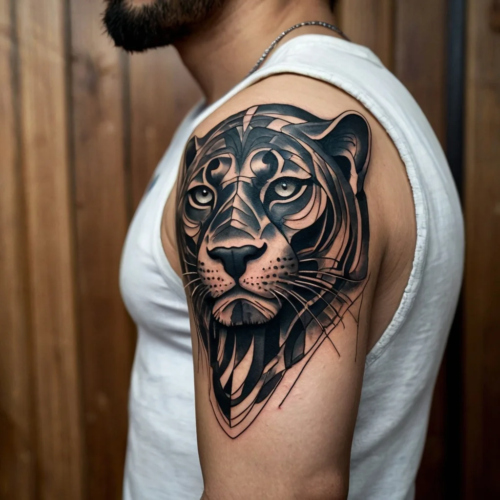 Geometric tiger tattoo on arm; bold black lines create an abstract and fierce appearance.