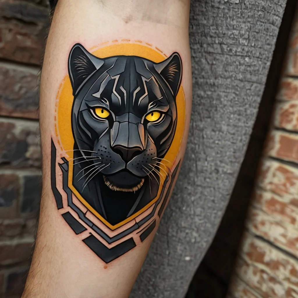 Tattoo of a stylized black panther with yellow eyes on a geometric background, encased in a vibrant orange aura.