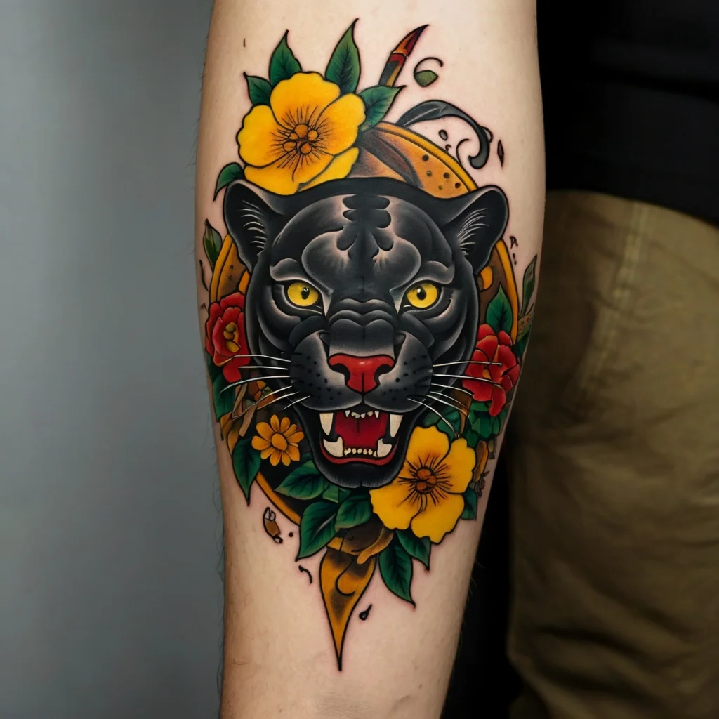 Bold panther tattoo with vibrant yellow and red flowers, highlighting fierce eyes and open mouth amid detailed foliage.