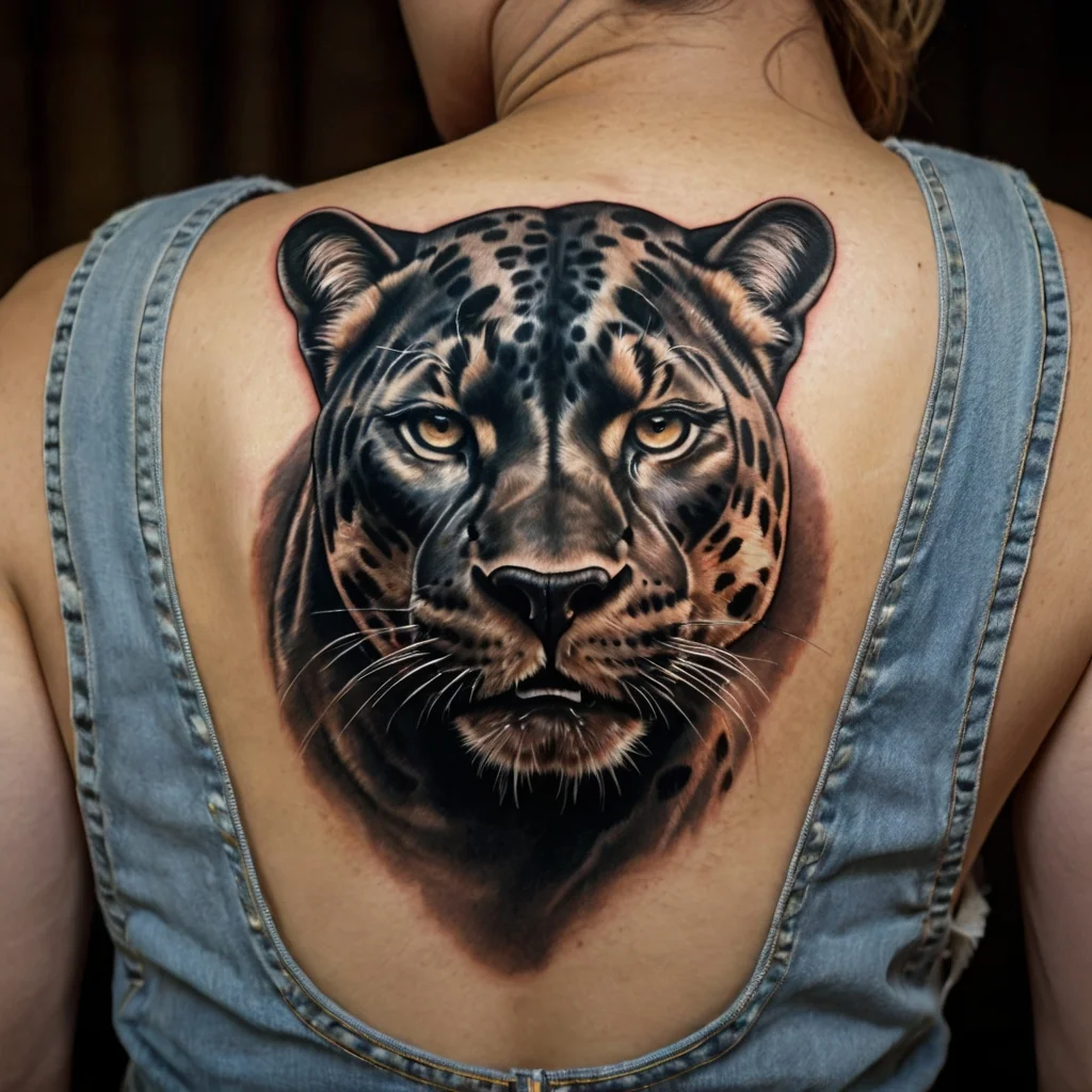 Realistic leopard head tattoo in grayscale, detailed and lifelike, centered on the upper back for a striking effect.