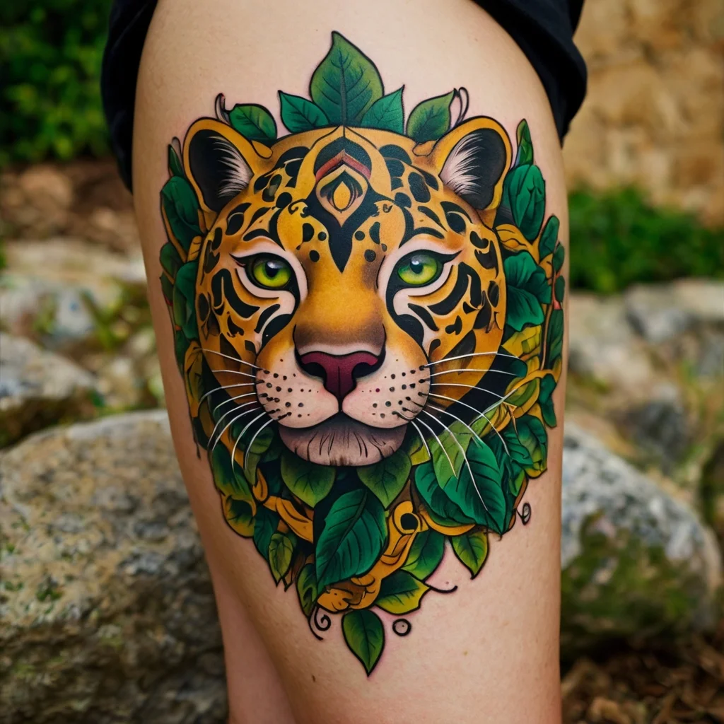 A vibrant tattoo of a leopard surrounded by lush green leaves, highlighting intricate details and bold colors.