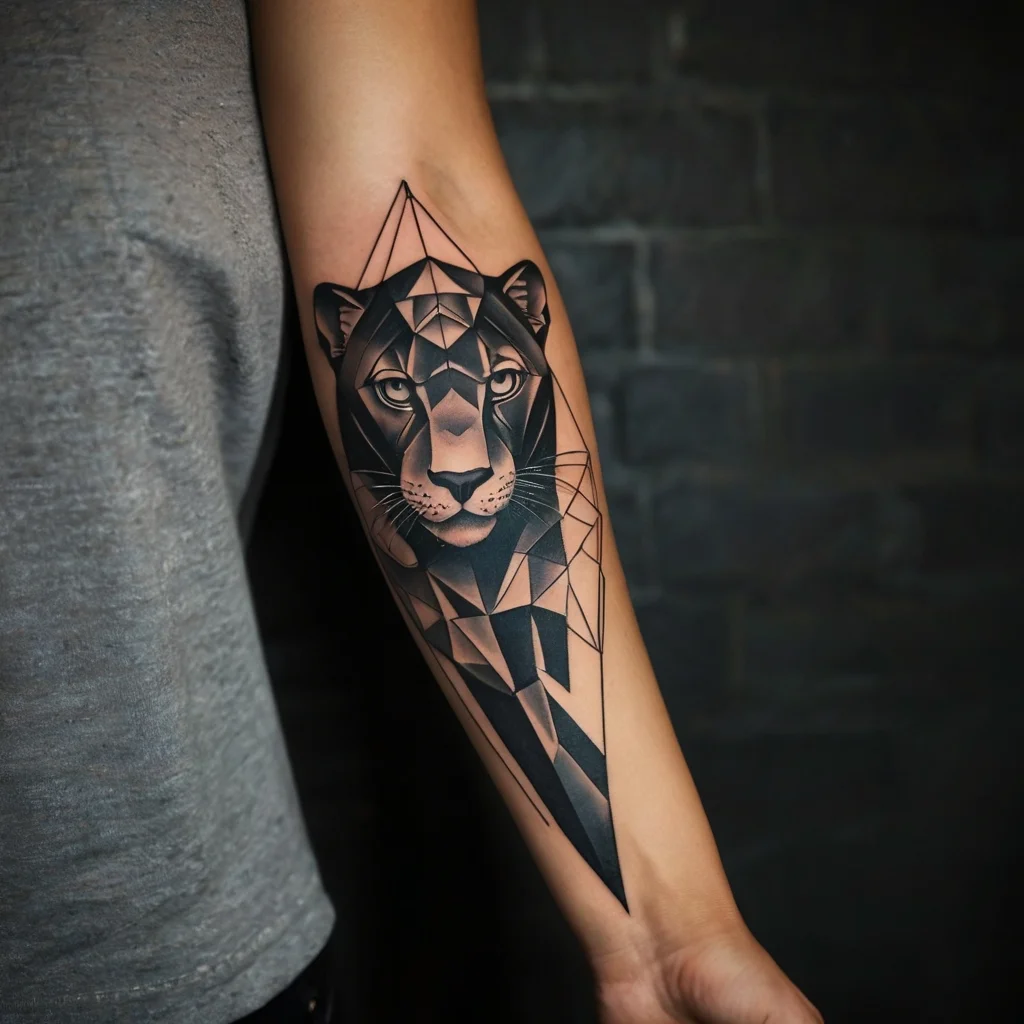 Geometric panther tattoo with sharp lines and shaded facets on forearm, blending realism with abstract art.