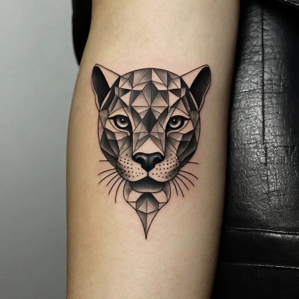 Geometric panther tattoo with intricate polygon shapes, shaded in black and grey, showcasing sharp eyes and detailed fur.