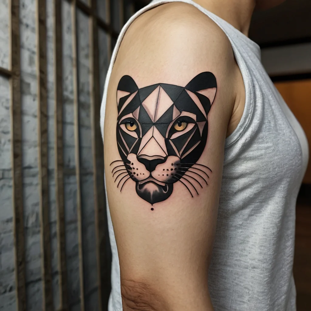 Geometric panther tattoo on arm, featuring bold black shapes and detailed yellow eyes for a modern, fierce look.