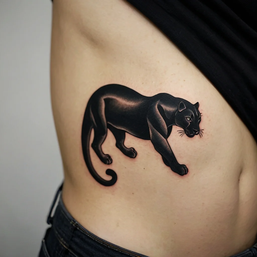 Tattoo of a sleek black panther with smooth shading and powerful stance, etched on the side of the torso.