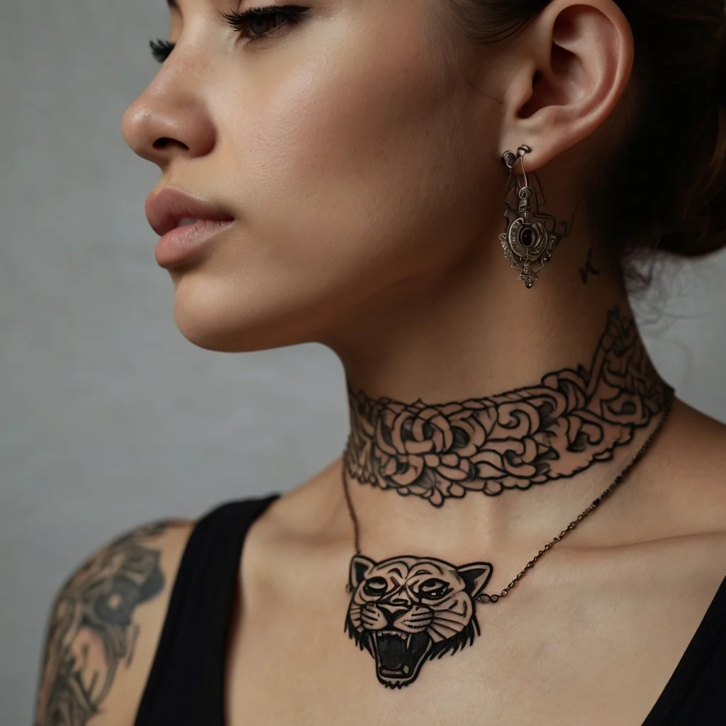 Tattooed floral choker design circles the neck, featuring intricate details and decorative pattern elements.