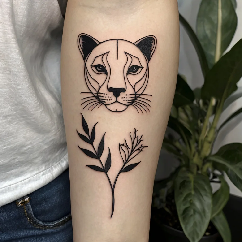 Minimalist lioness and branch tattoo. Bold line art with detailed foliage on the arm.