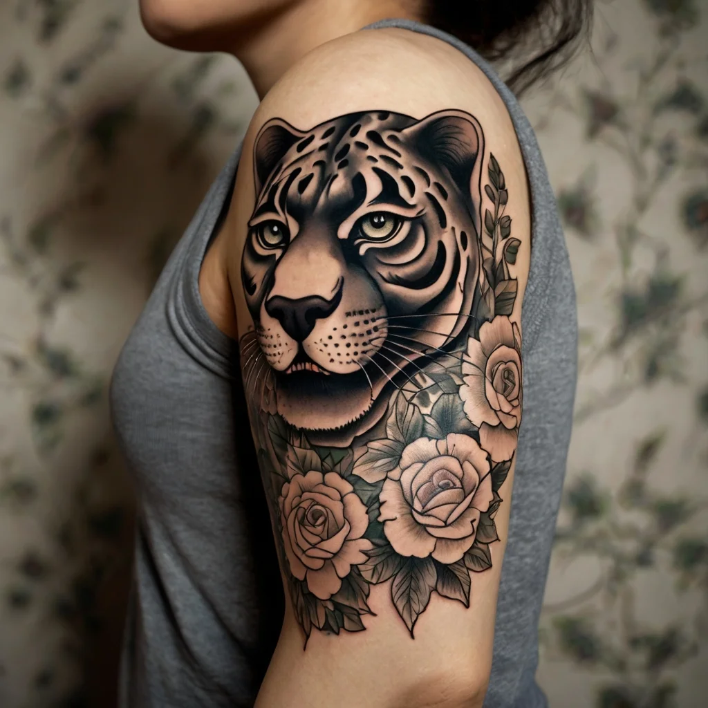 Tattoo of a realistic leopard head intertwined with roses and leaves, in grayscale on an upper arm.