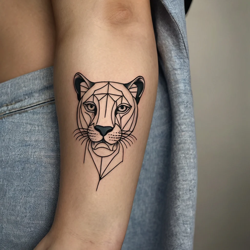 Geometric lioness tattoo on arm, featuring precise lines and minimalist design, exuding strength and elegance.