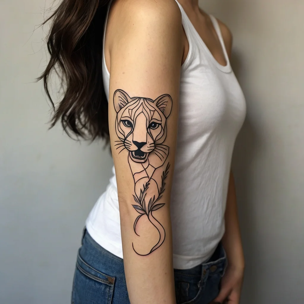 Abstract lioness tattoo in black ink, with flowing lines and geometric shapes, extends down the outer arm.