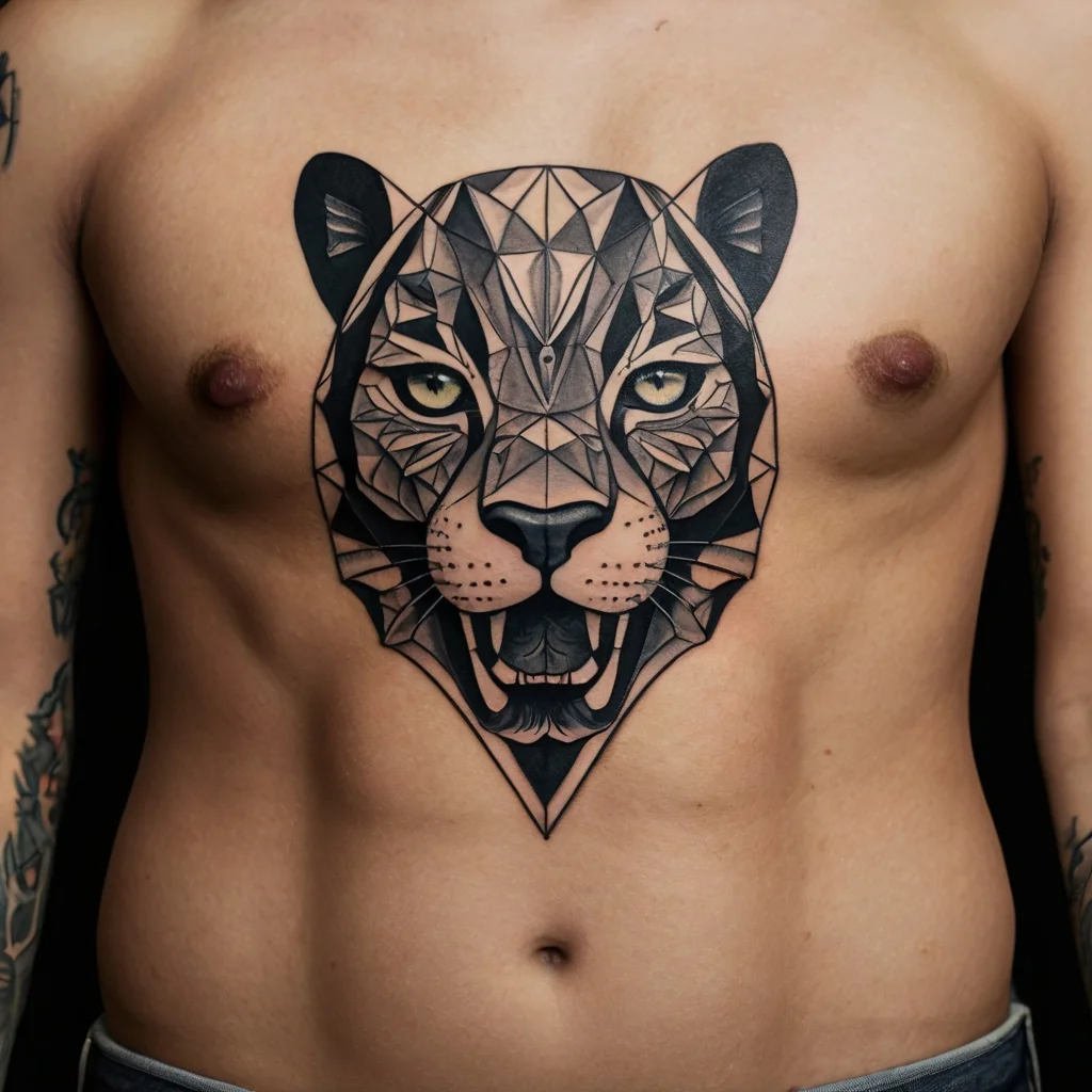 Geometric jaguar tattoo on chest, featuring angular patterns and fierce green eyes.