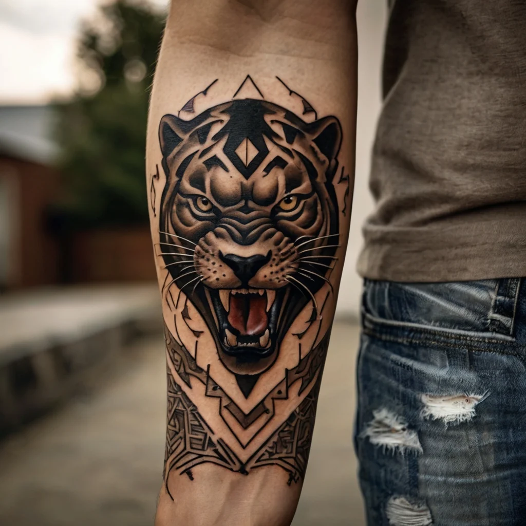 A geometric neo-traditional tattoo of a roaring tiger with sharp lines and intricate patterns on the forearm.