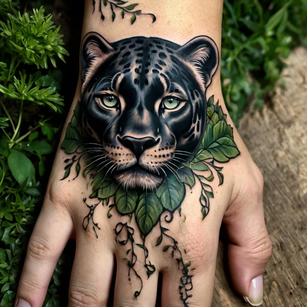 Realistic leopard face on hand, surrounded by green leaves, blending into the skin for a 3D effect.