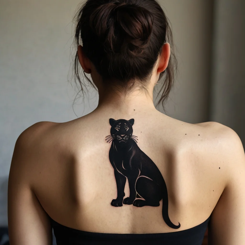 Tattoo of a sleek black panther sits poised on the upper back, symbolizing strength and mystery.