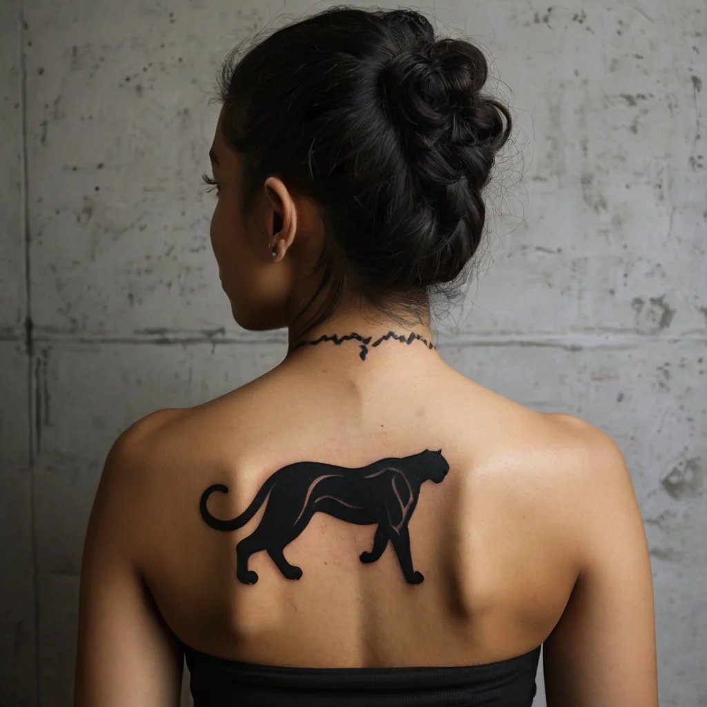 Minimalist black panther silhouette tattoo on woman's upper back, complementing a delicate neck design.