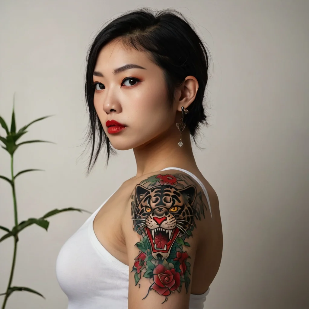 A fierce tiger head tattoo with open jaws, surrounded by vibrant red roses and green leaves, on a woman's upper arm.