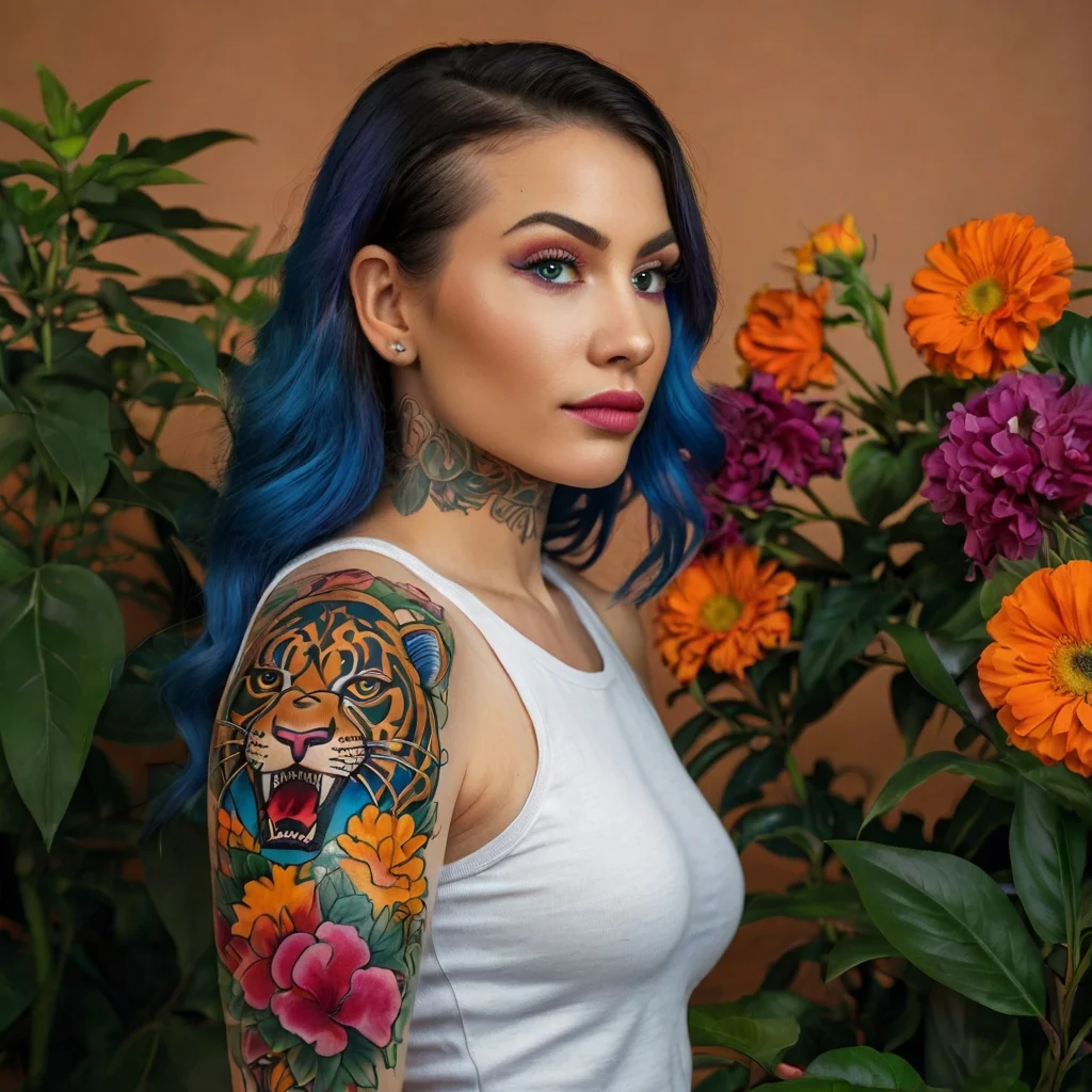 Vibrant tattoo of a roaring tiger surrounded by colorful flowers on the woman's arm, symbolizing strength and beauty.