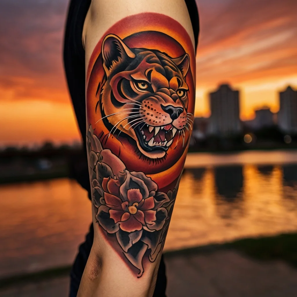 Tattoo of a snarling tiger with a vibrant orange-red background and detailed flowers below, symbolizing power and beauty.