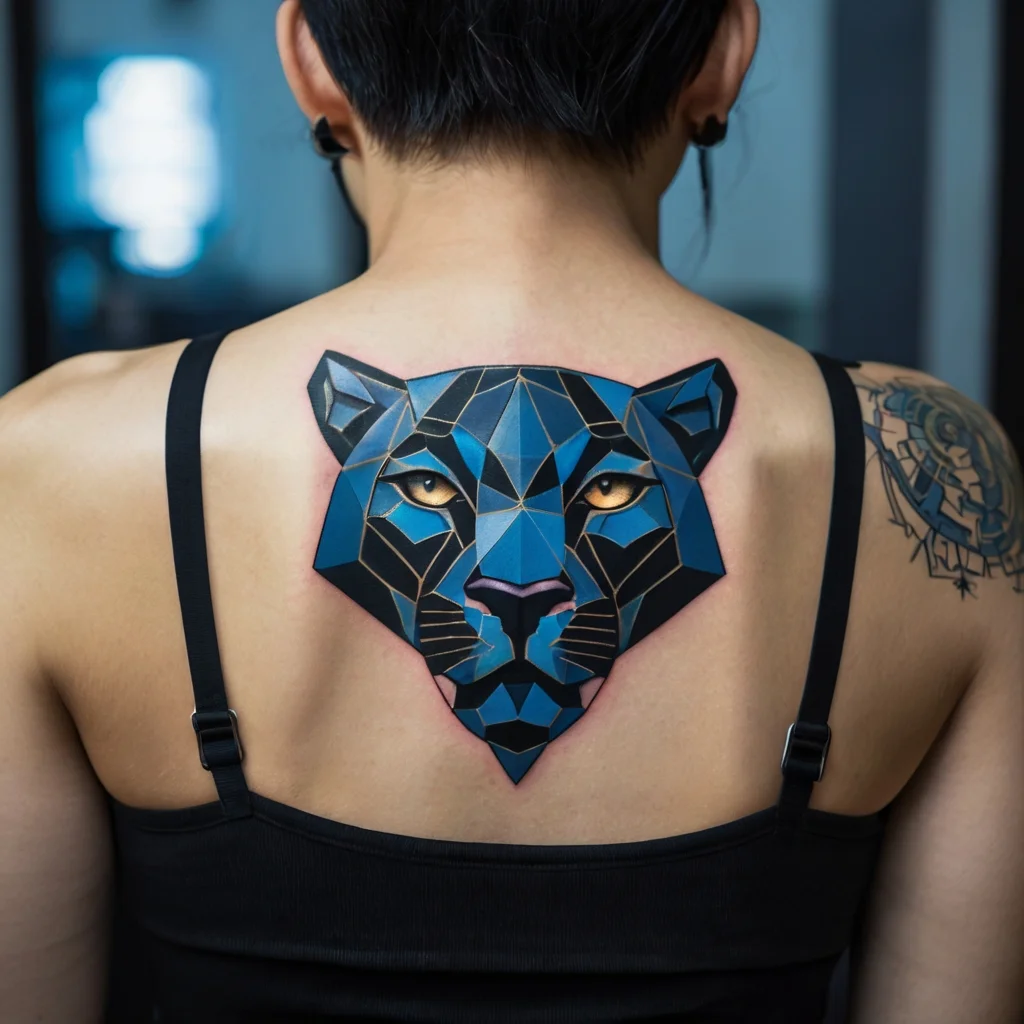 Geometric panther tattoo on back, featuring bold blue and black facets with striking yellow eyes, creating a 3D effect.