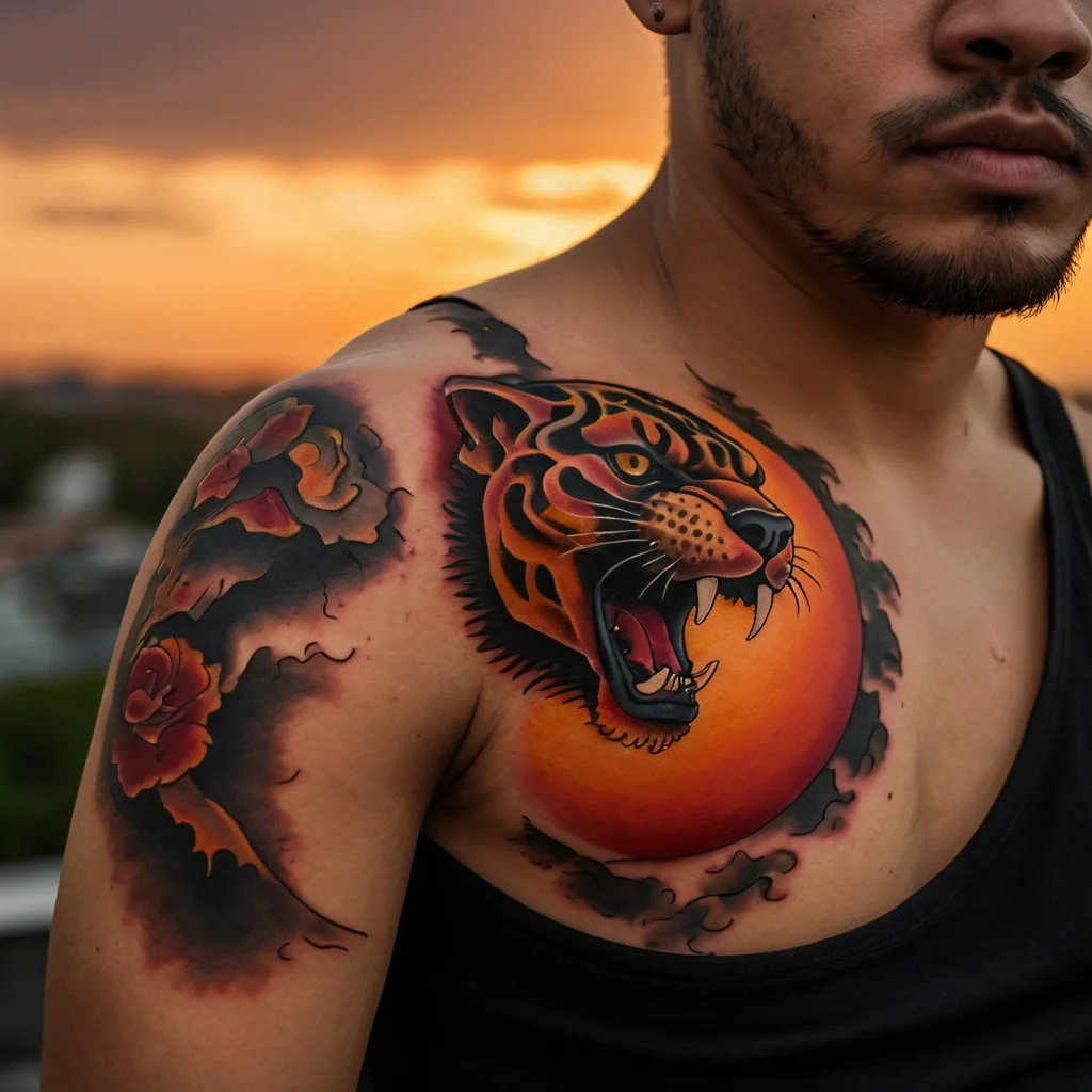 Tattoo of a fierce tiger head with an open mouth, surrounded by roses and clouds, set against a vibrant orange sun backdrop.