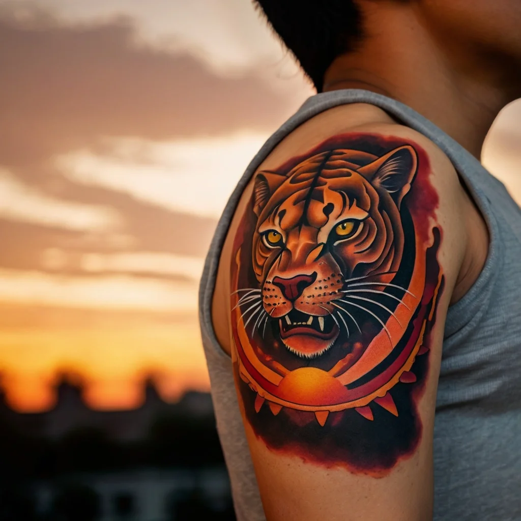 A vibrant tiger head tattoo on the upper arm with dynamic colors and a glowing sun, symbolizing strength and energy.