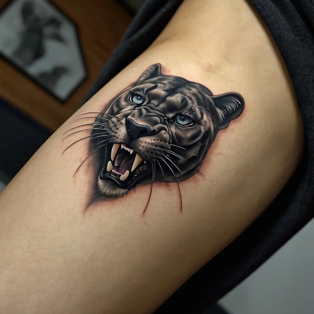 Realistic black panther tattoo with vivid blue eyes and fierce, open mouth, showcasing incredible detail and shading.