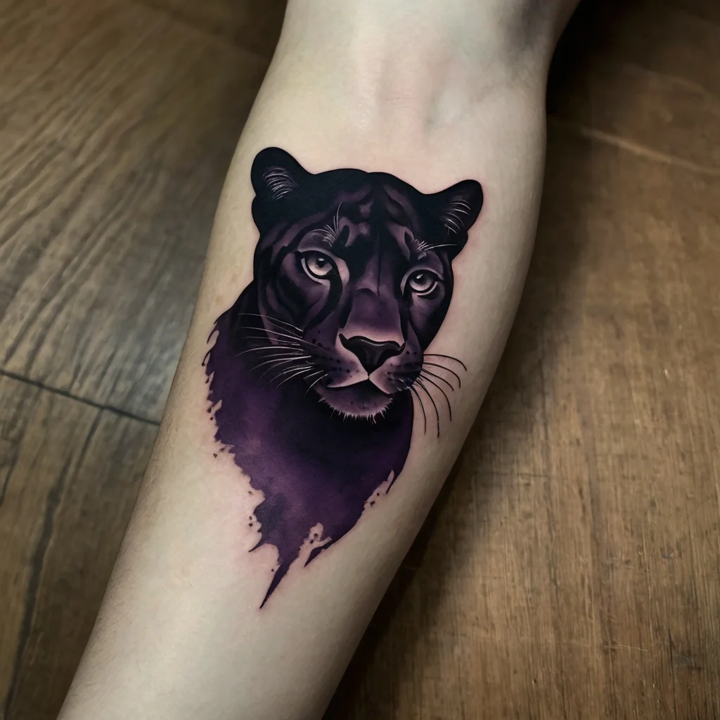 Tattoo of a purple black panther head with watercolor effects, featuring intense eyes and realistic shading on the forearm.