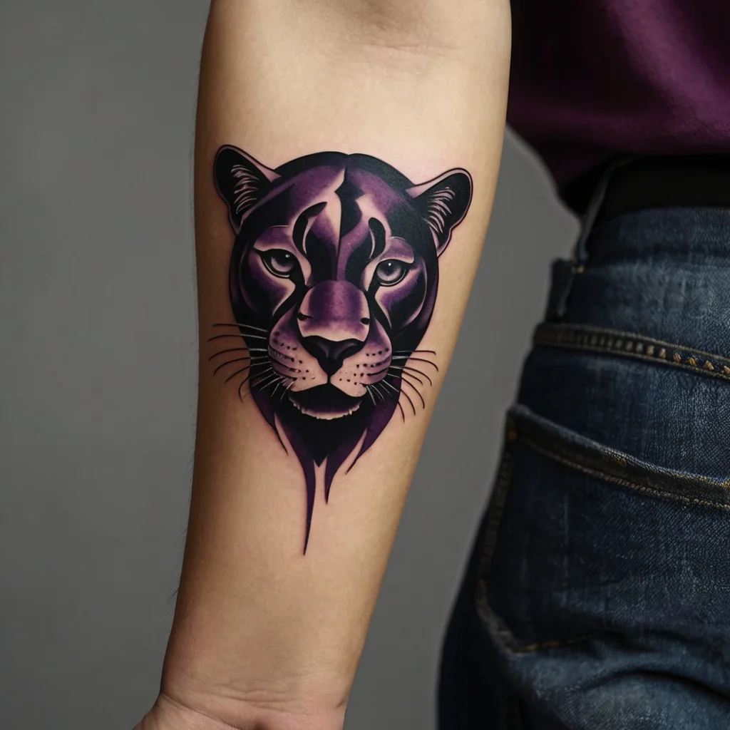 Tattoo of a stylized purple panther head with bold black outlines on forearm, showcasing vivid gradients and fierce eyes.