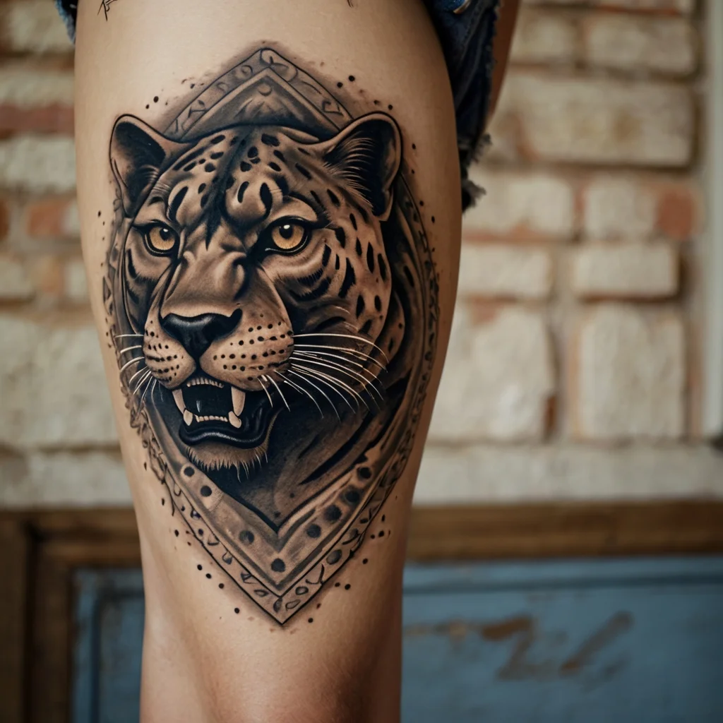 Tattoo of a realistic jaguar head with fierce eyes, surrounded by ornate, geometric patterns on the thigh.