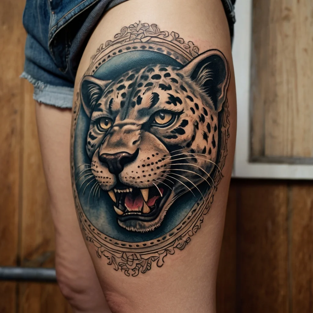 Realistic leopard tattoo with intricate detailing surrounded by an ornate frame, showcasing vibrant colors and textures.