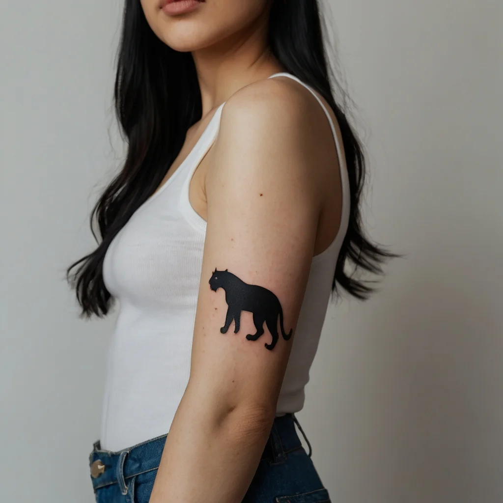 Tattoo of a bold black panther silhouette on the upper arm, embodying power and grace.