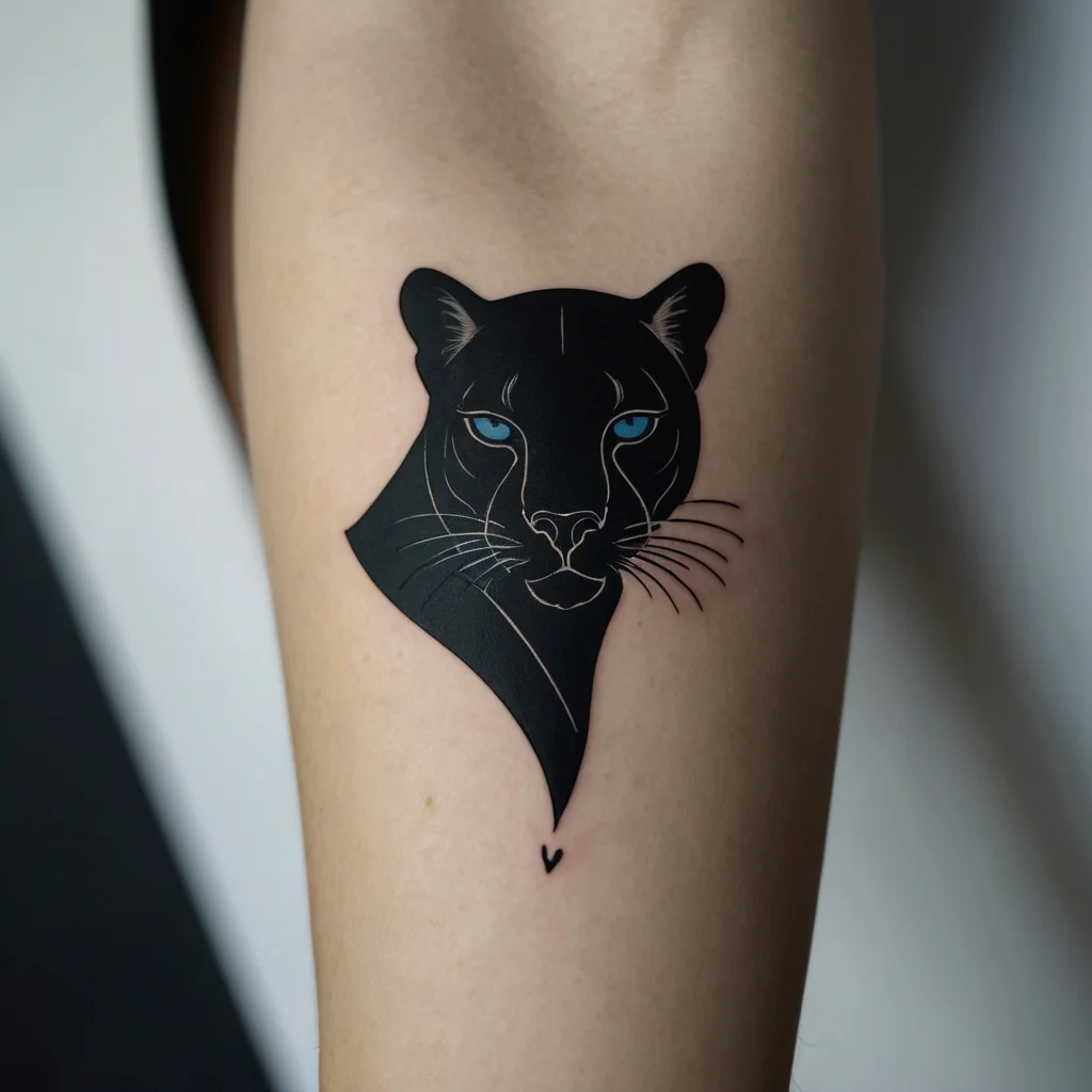 Tattoo of a sleek black panther with piercing blue eyes and fine whiskers, symbolizing strength and elegance.