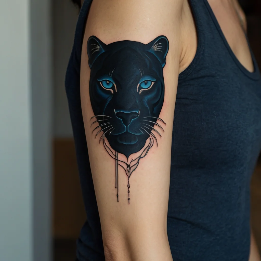 Tattoo of a sleek black panther head with piercing blue eyes, accented by abstract geometric lines and patterns.