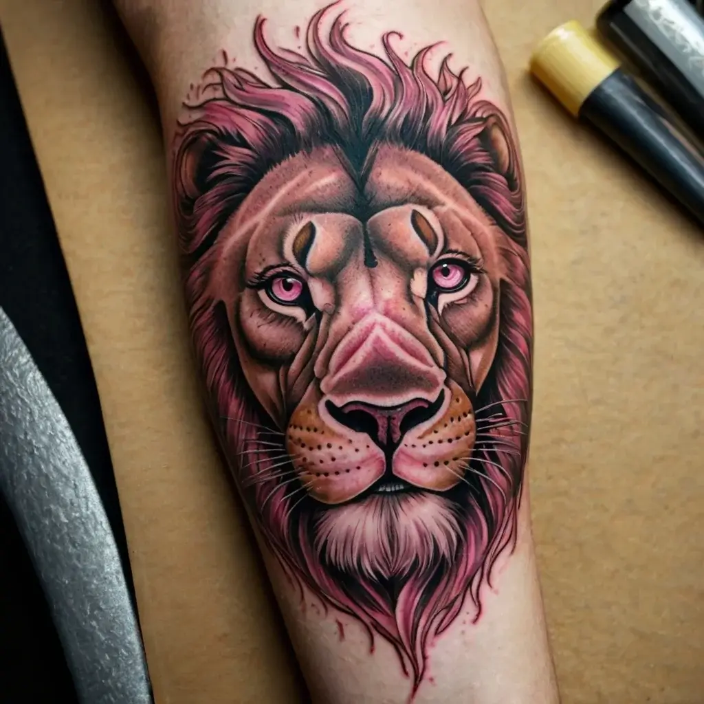 Vibrant lion tattoo with pink accents and fierce eyes, showcasing intricate shading and a majestic flowing mane.