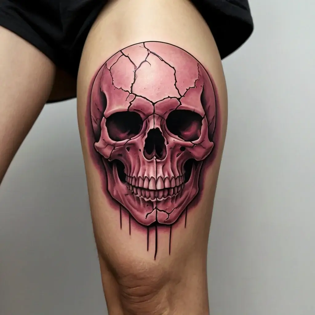 Tattoo of a realistic pink skull with shading, cracks, and dripping effect, seamlessly integrating with the thigh.