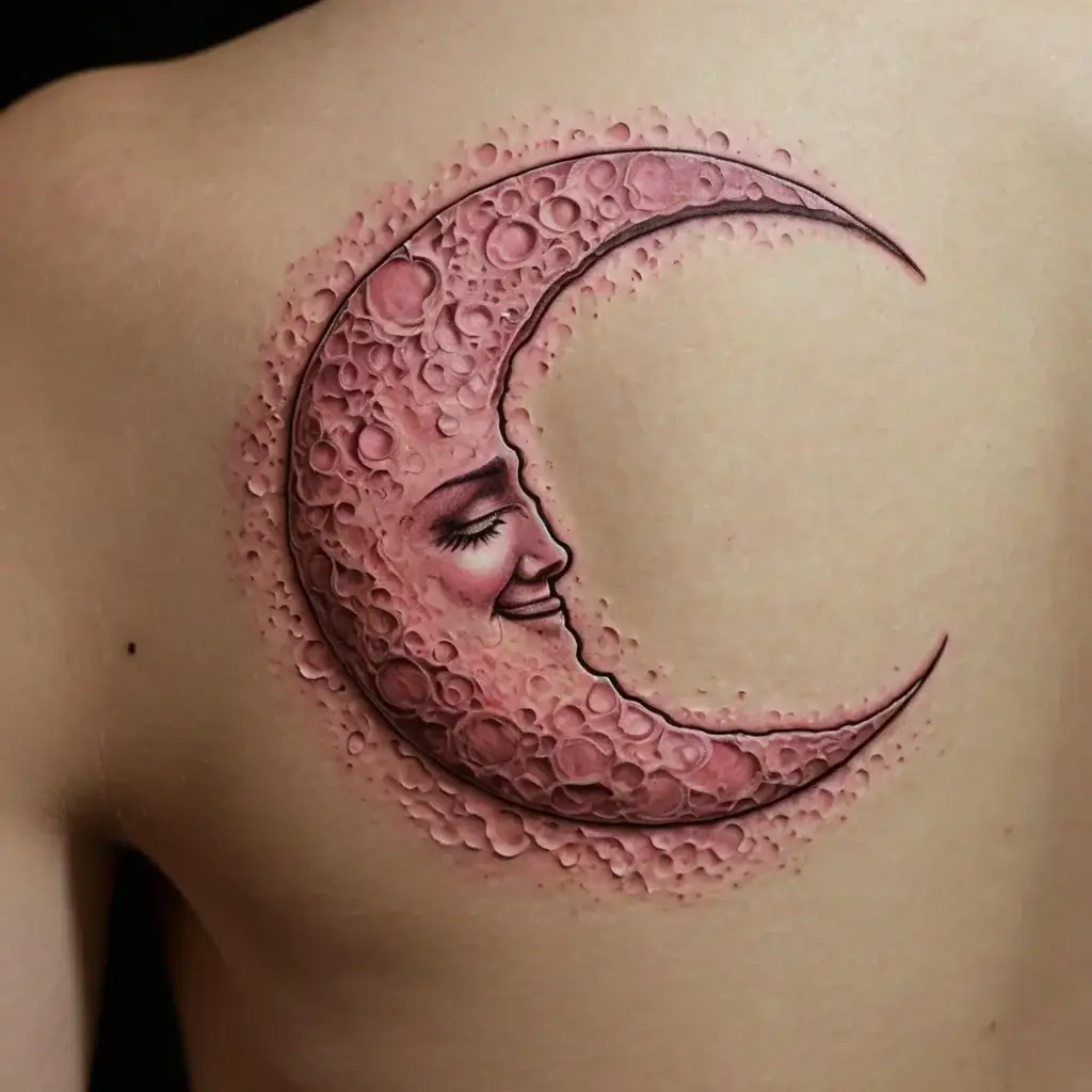 3D crescent moon tattoo with a serene face, textured with craters, creating a celestial and peaceful theme.