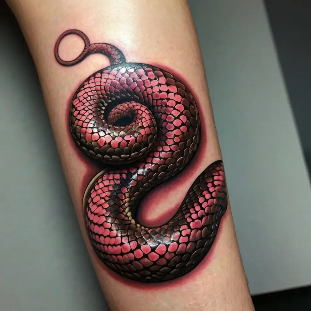 A 3D snake tattoo with pink and brown scales, curling elegantly with a detailed shading effect and a circular tail.