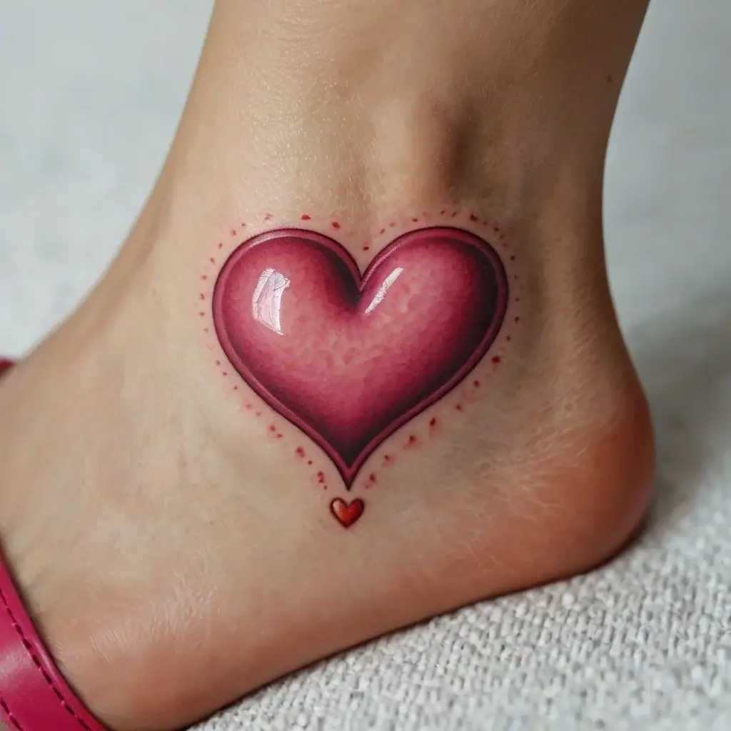 A vibrant red heart tattoo with shading and highlights, surrounded by a dotted halo, located on the side of the ankle.